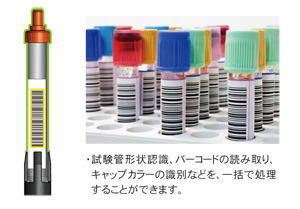 試験管形状認識、バーコードの読み取り、キャップのカラー識別など、一括で複数の処理が可能です。